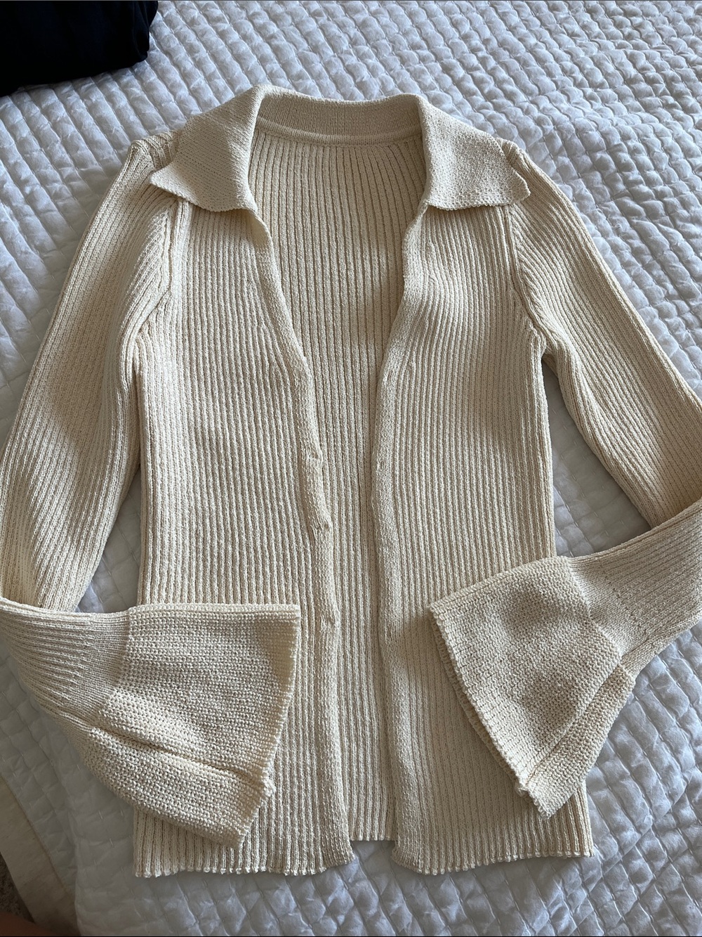Cream Ribbed Knit Women's Sweater with Flared Cuffs